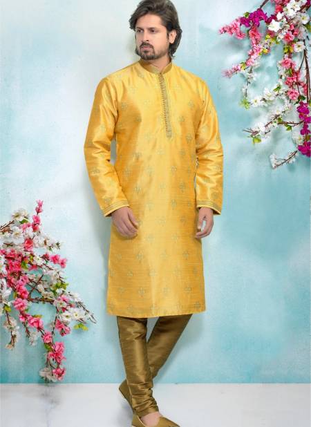 Yellow Colour Party And Function Wear Traditional Pure Jaquard Silk Brocade Kurta Pajama Redymade Collection 1032-8371